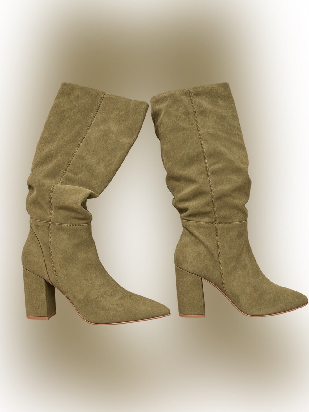 Lulu's Olive Green Suede Slouchy Scrunched Knee-High Heeled Fashion Boots